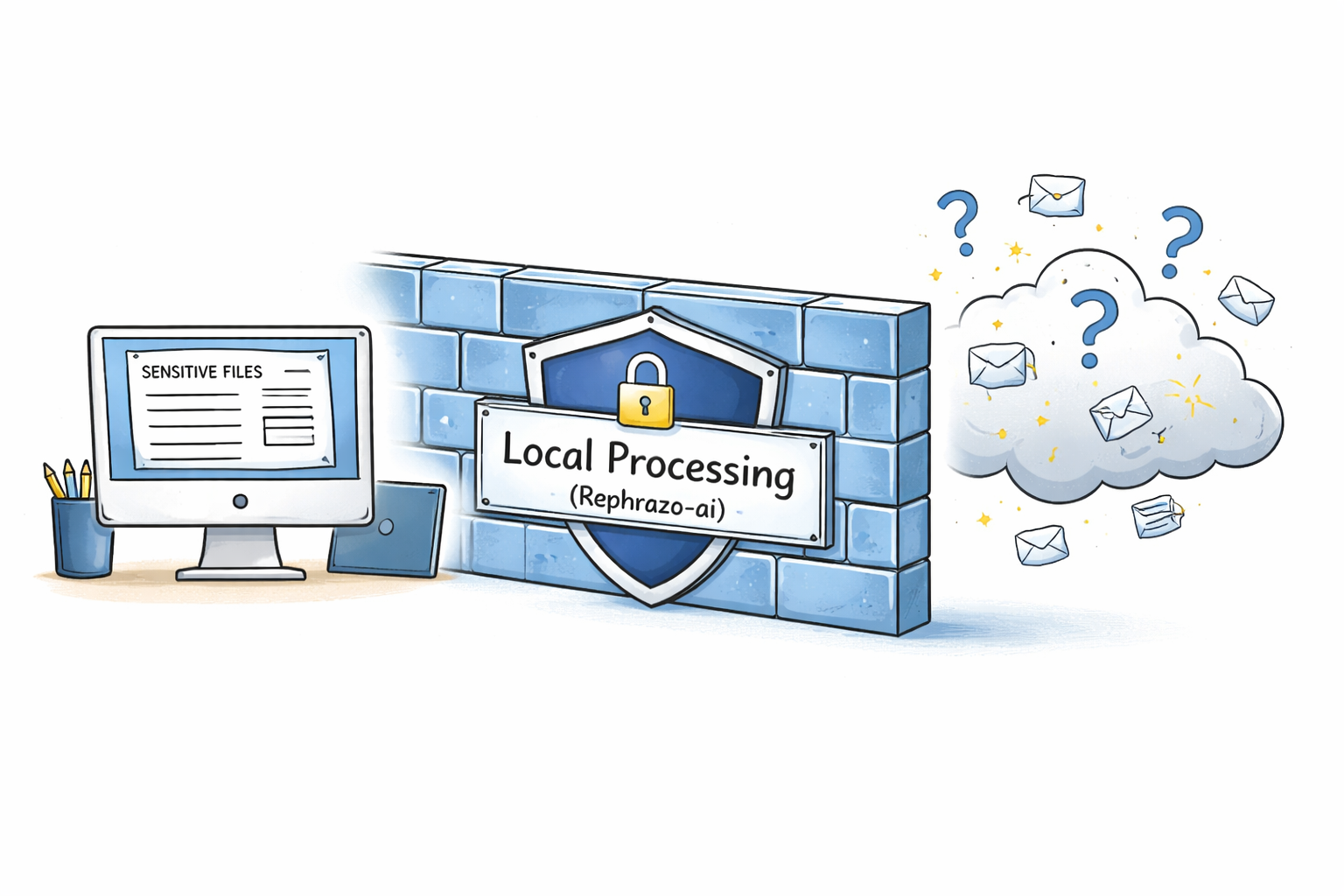 A strong, digital-looking wall labeled 'Local Processing (Rephrazo-ai)' separating a user's desktop computer from a cloud icon with question marks and indistinct data packets.